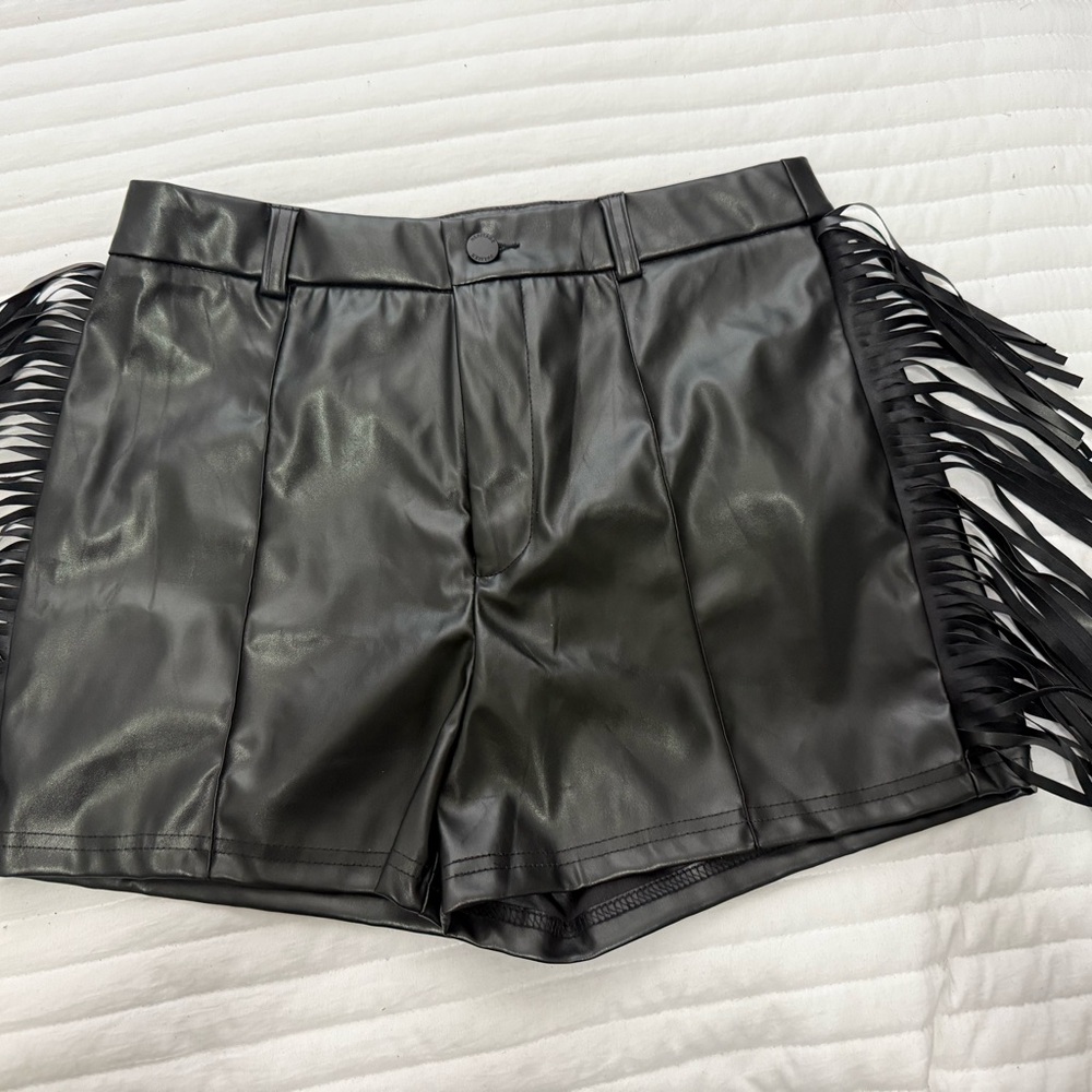 Black Faux Leather Fringe Shorts